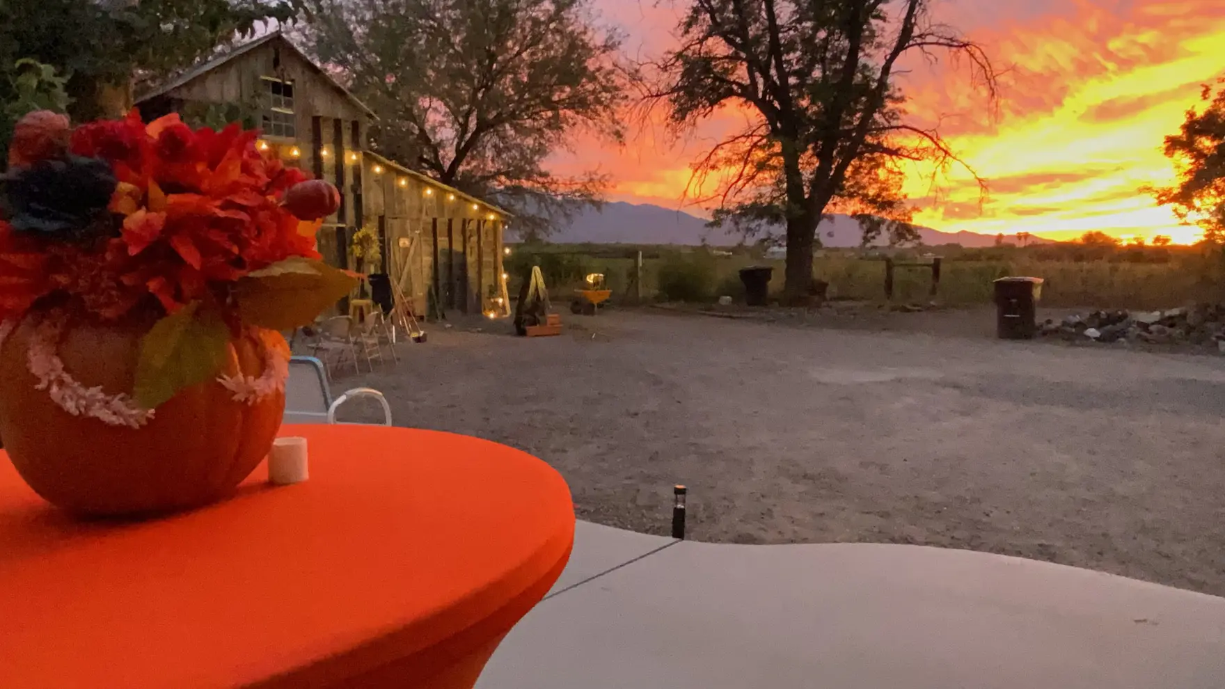 The driveway at sunset with a table of flowers set out